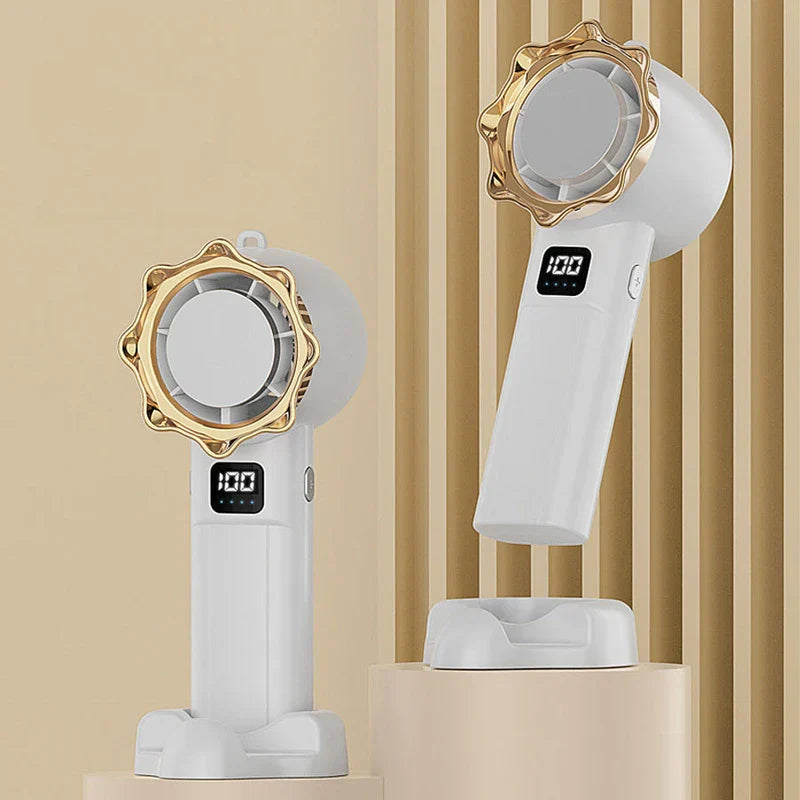 Personal Cooling Fan - Two white handheld fans with gold trim and digital displays on beige pedestals
