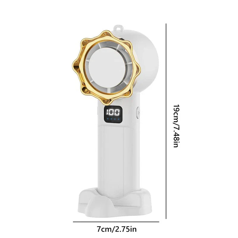 Personal Cooling Fan - White handheld bladeless fan with gold wave-edged front ring, base, digital display showing 100, with 19cm height and 7cm width dimension labels