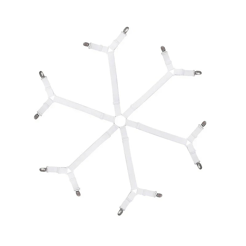 Bed Sheet Grippers - White 6-strap sheet fastener set top-down flat lay view