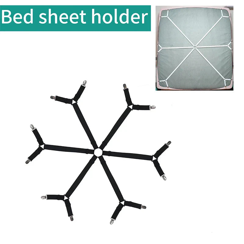 Bed Sheet Grippers - Black 6-strap sheet fastener with fitted sheet installation example