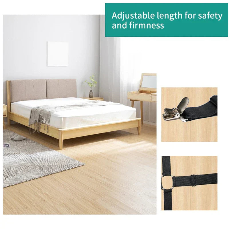 Bed Sheet Grippers - Bedroom with a made bed, plus two closeups of black elastic bed sheet strap clips and strap connectors, with text 'Adjustable length for safety and firmness'