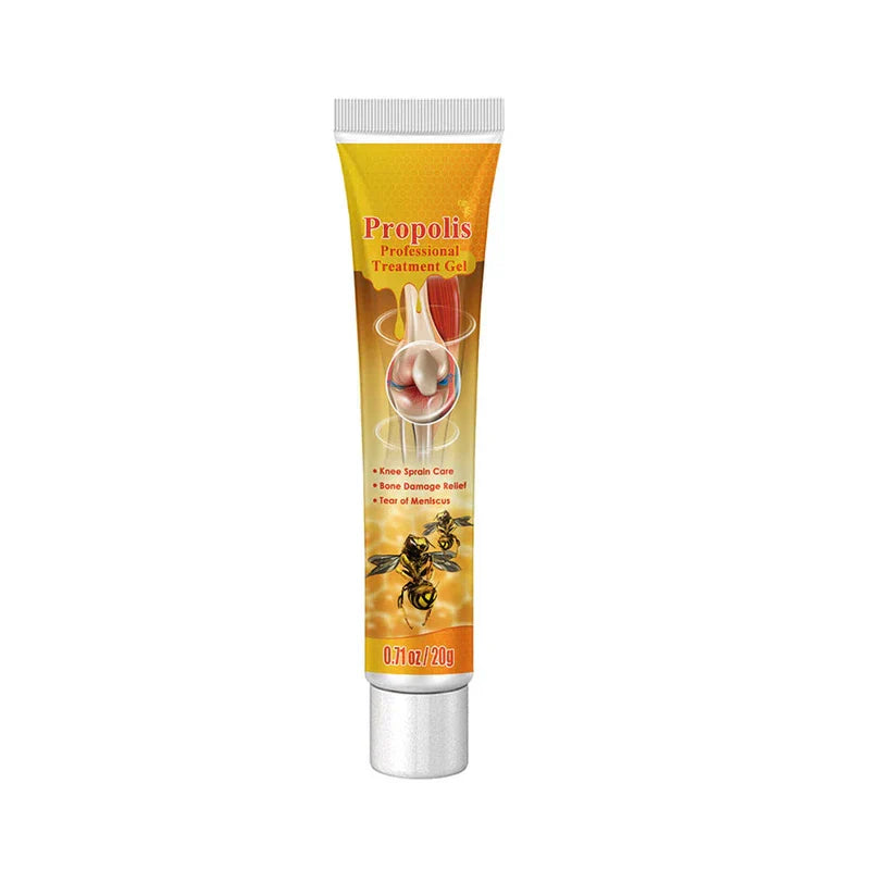 Pain Relief Cream - Single 20g propolis treatment gel tube with bee and knee joint graphics on white background