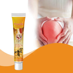 Pain Relief Cream - Propolis treatment gel tube next to hands holding a red, sore knee on orange curved background