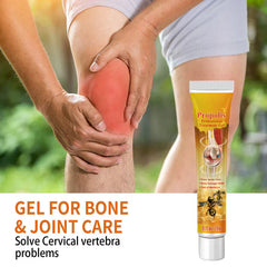 Pain Relief Cream - Person holding sore knee outdoors with propolis gel tube and bone & joint care text overlay
