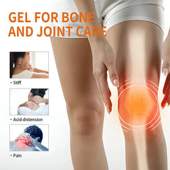 Pain Relief Cream - A person touches their highlighted knee, with three smaller images of people holding sore neck and shoulder areas, plus text about bone and joint care.