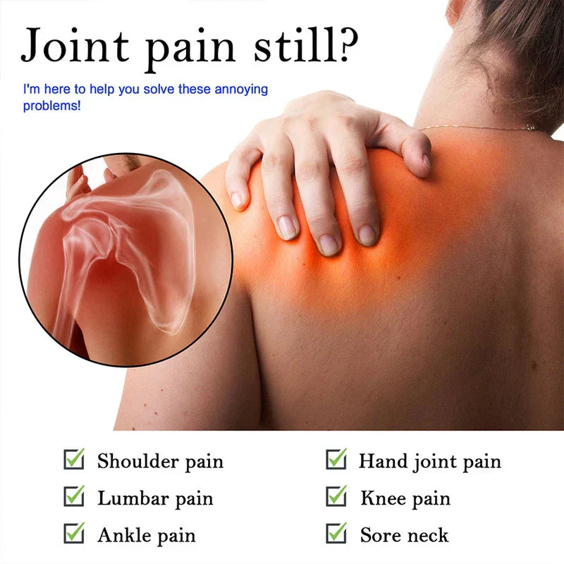 Pain Relief Cream - Person gripping sore shoulder, text asks if joint pain persists and lists types of joint and body pains.