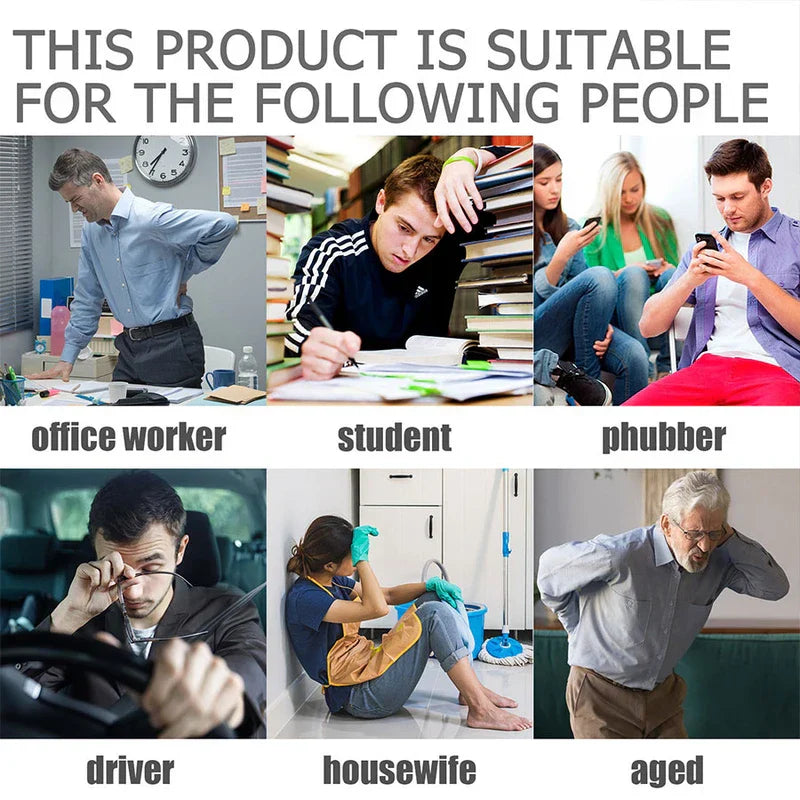 Pain Relief Cream - Six images of different people with text stating the product is suitable for office workers, students, phubbers, drivers, housewives, and aged people.