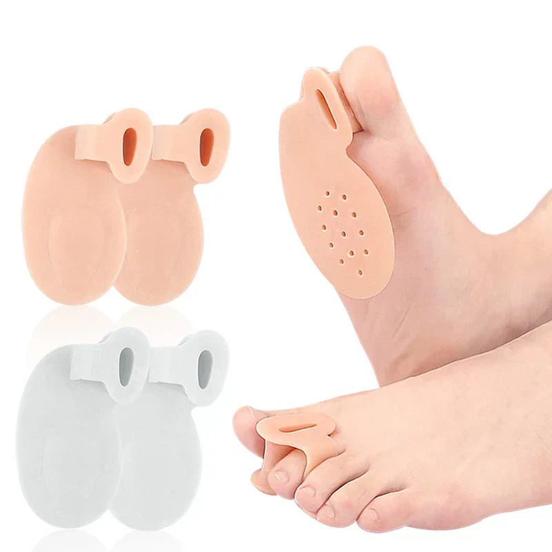 A pair of flesh-tone and a pair of light gray big toe bunion arch support pads, with the product worn on two feet to show use.