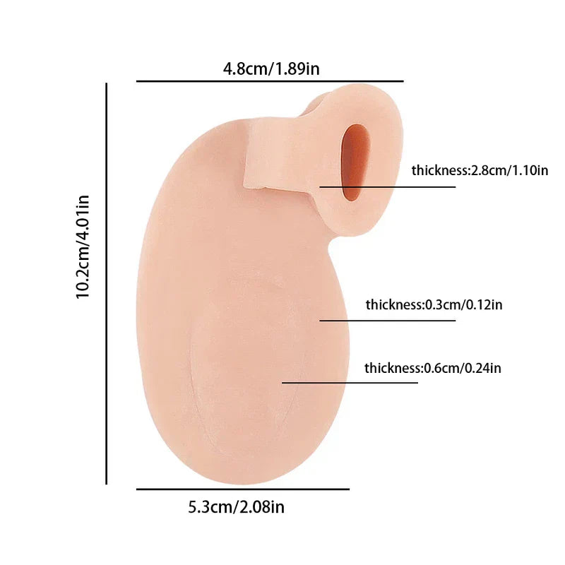 A skin-colored pad with labeled length, width, and thickness measurements. A big toe bunion arch support pad is shown in a product detail view.