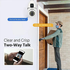 Usb Camera Module - Bulb security camera mounted at a doorway, with delivery person holding a package, two-way talk speech bubbles, and a hand holding a phone showing the camera feed
