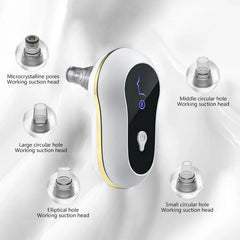 Pore Cleaner - White gold-trimmed pore suction device surrounded by five different labeled working suction heads