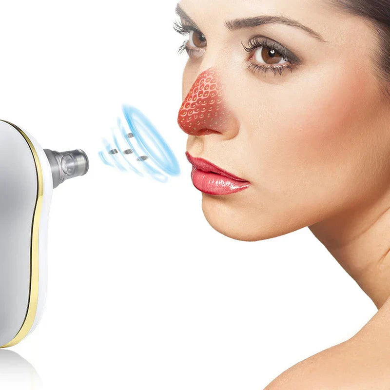 Pore Cleaner Tool - Handheld device with suction effects pointed toward a person’s nose overlaid with a strawberry graphic