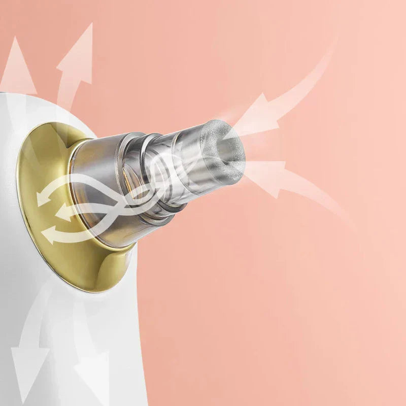 Pore Cleaner Tool - Close-up of a translucent skincare device nozzle with gold accent, with white motion arrow graphics around it on a light peach background.
