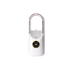 Tower Fan - white bladeless desktop unit with digital control panel front view on plain background