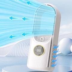 Tower Fan - white bladeless desktop unit with blue airflow arrows showing air intake and output direction