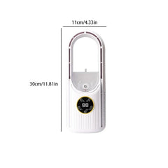 Tower Fan - White bladeless tower device with digital control panel, dimension labels for 11cm width and 30cm height on a white background