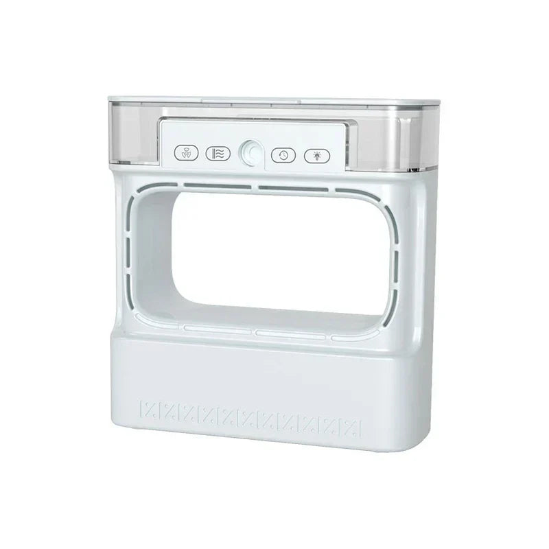 White air cooler humidifier with top control panel and transparent upper tank, on a plain white background