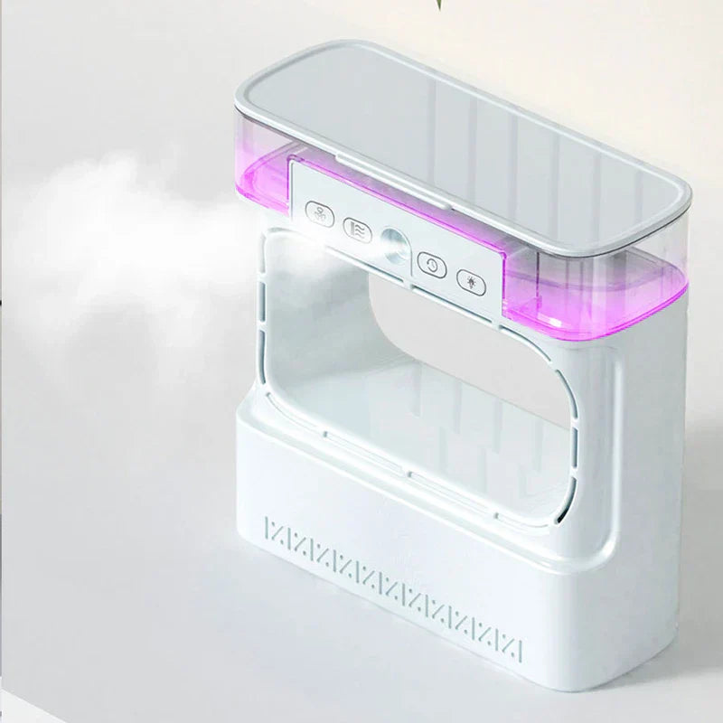 Air cooler humidifier with purple-lit upper tank, angled view, showing mist output on a light background