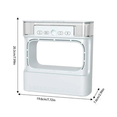White desktop air cooler humidifier with control buttons, transparent top water tank, and marked height, width, and depth dimensions.