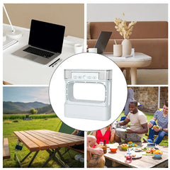 An air cooler humidifier in a circle, shown with office, living room, and outdoor picnic settings.