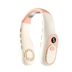 Neck Fan Cooler - Pink and beige wearable neck fan with a digital display showing the number 5, and vent slots on both sides
