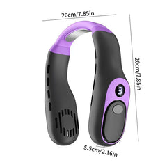 Neck Fan Cooler - Purple and black neck fan with dimension labels: 20cm/7.85in length, 5.5cm/2.16in base width, and a digital display showing '3'.