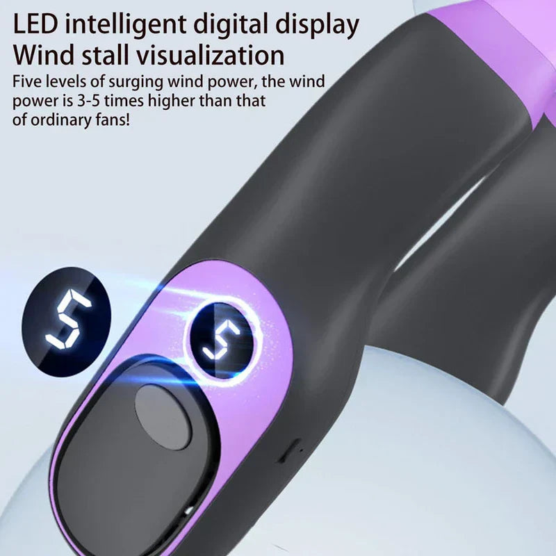 Neck Fan Cooler - Close-up of a purple and black neck fan control panel with an LED display showing '5', and text about wind power levels.
