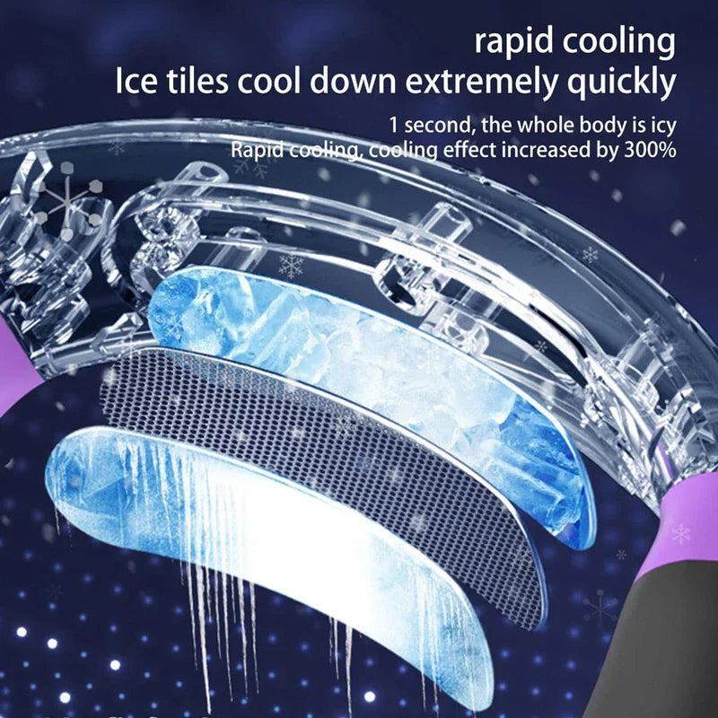 Neck Fan Cooler - Diagram of a neck fan's internal cooling structure with ice-like components, and text about rapid cooling.