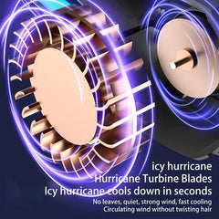 Neck Fan Cooler - Close-up of turbine fan components with swirling purple light effects, and text describing cooling and wind features