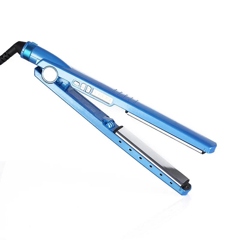 Wide Flat Iron - Blue hair straightener open, angled front view with control buttons and wide plates visible