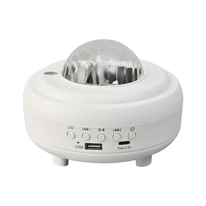Disco Light Speaker - White 2-in-1 magic ball device with control buttons, USB port, and Type-C port on white background