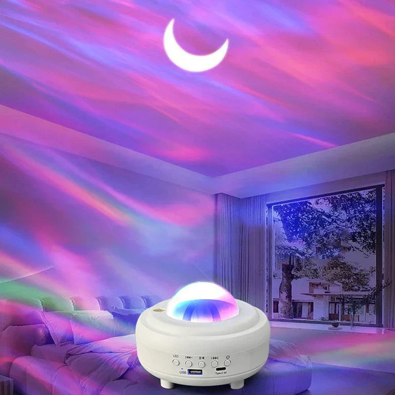 Disco Light Speaker - White magic ball projecting pink and purple wave light with crescent moon on a living room ceiling