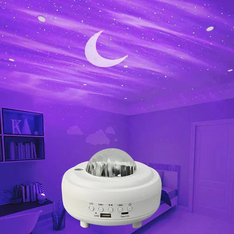 Disco Light Speaker - White magic ball projecting purple starry sky light with crescent moon on a bedroom ceiling
