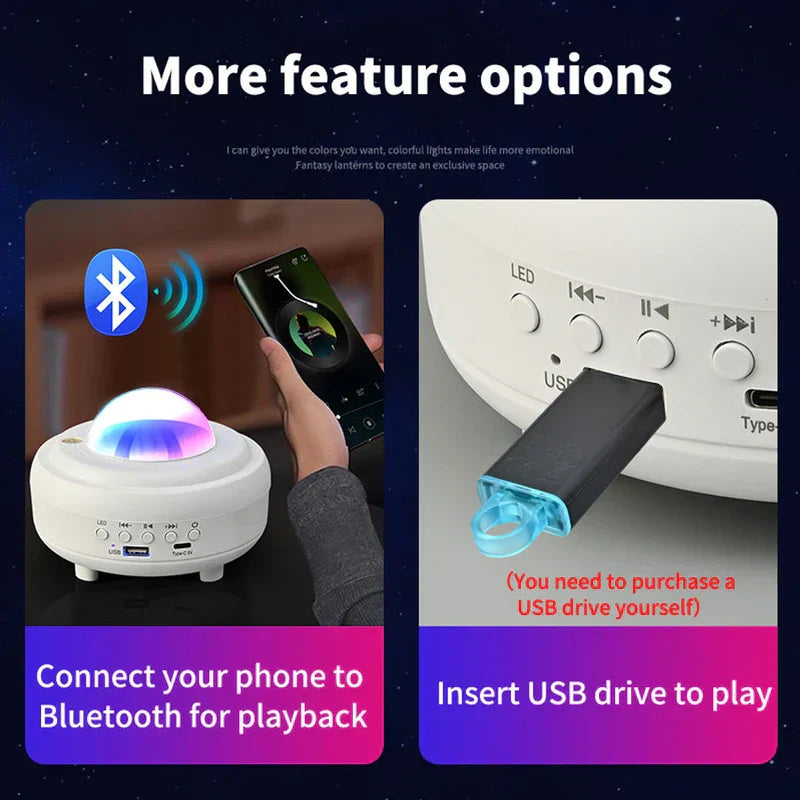 Disco Light Speaker - Two side-by-side panels: left shows a phone connecting via Bluetooth to a lit projector lamp, right shows a USB drive being inserted into the lamp.