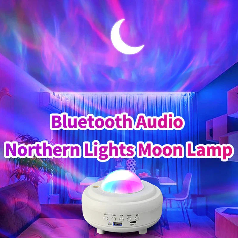 Disco Light Speaker - White projector lamp in a room, projecting purple and blue wavy light and a crescent moon on the ceiling, with overlaid text.