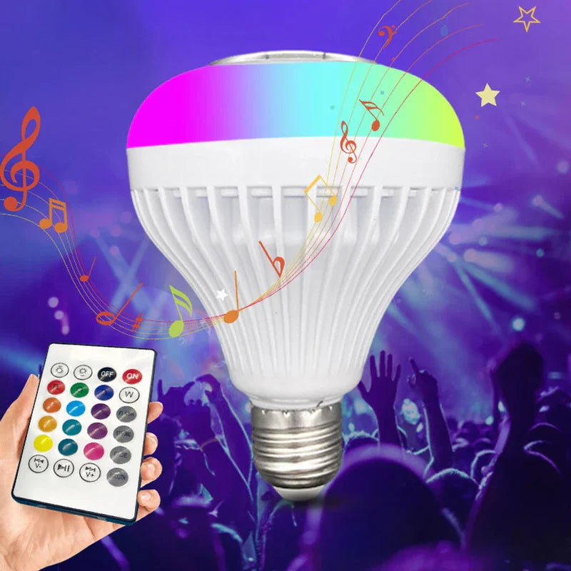 Led Light Bulb - Color-changing bulb with remote control, music note graphics, and concert crowd background