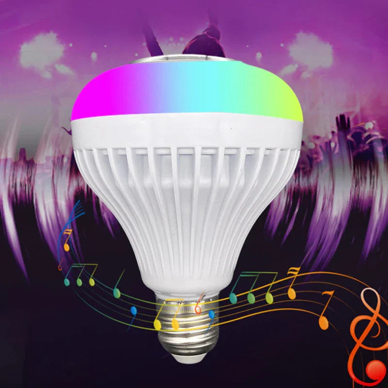 Led Light Bulb - RGB light bulb surrounded by musical note graphics, set against a purple concert crowd background.