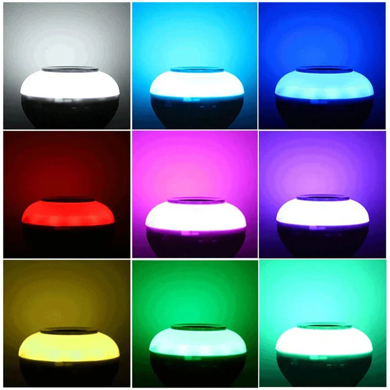 Led Light Bulb - Nine panel grid showing a round dome shaped lamp in nine different light color settings: white, cyan, blue, red, magenta, purple, yellow, green, teal