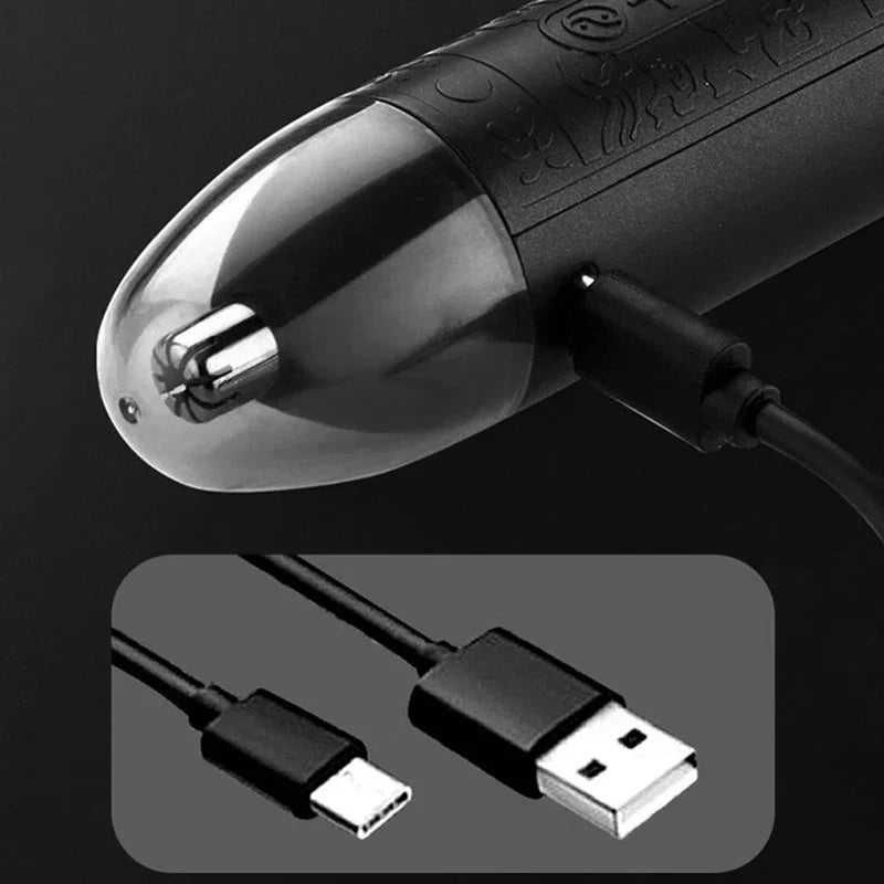 Shaving Tool - Close-up of electric trimmer with transparent nose hair trimmer head, connected to a USB charging cable with USB-A and micro-USB ends shown inset.