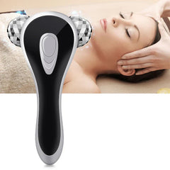 Body Sculpting Slimming Massager Tool - Silver and black dual roller massager with person receiving facial massage in background