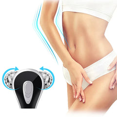 Body Sculpting Slimming Massager Tool - Silver and black dual roller massager with rotation arrows next to person's torso and arm