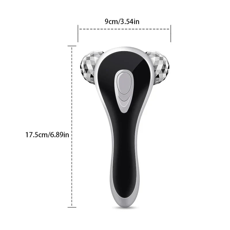 Body Sculpting Slimming Massager Tool - Front view of a black and silver dual roller massager with dimension labels showing 9cm width and 17.5cm height, on a white background.