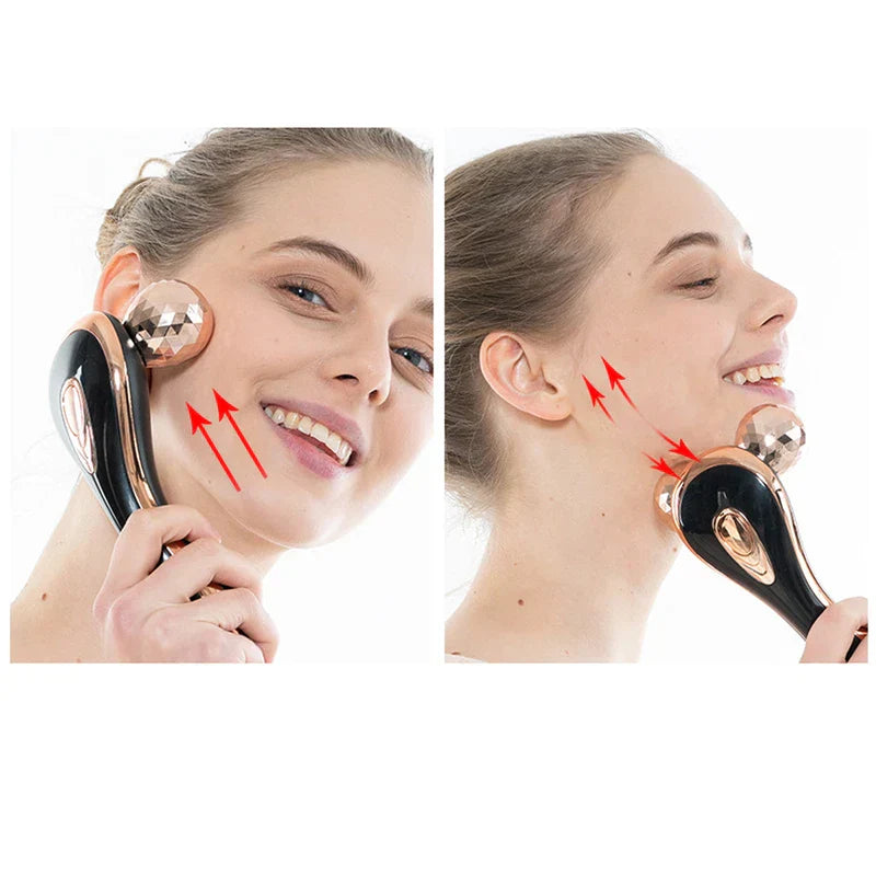 Body Sculpting Slimming Massager Tool - Two side-by-side photos of a person using a rose gold and black dual roller on their face, with red arrows showing upward and downward rolling directions.