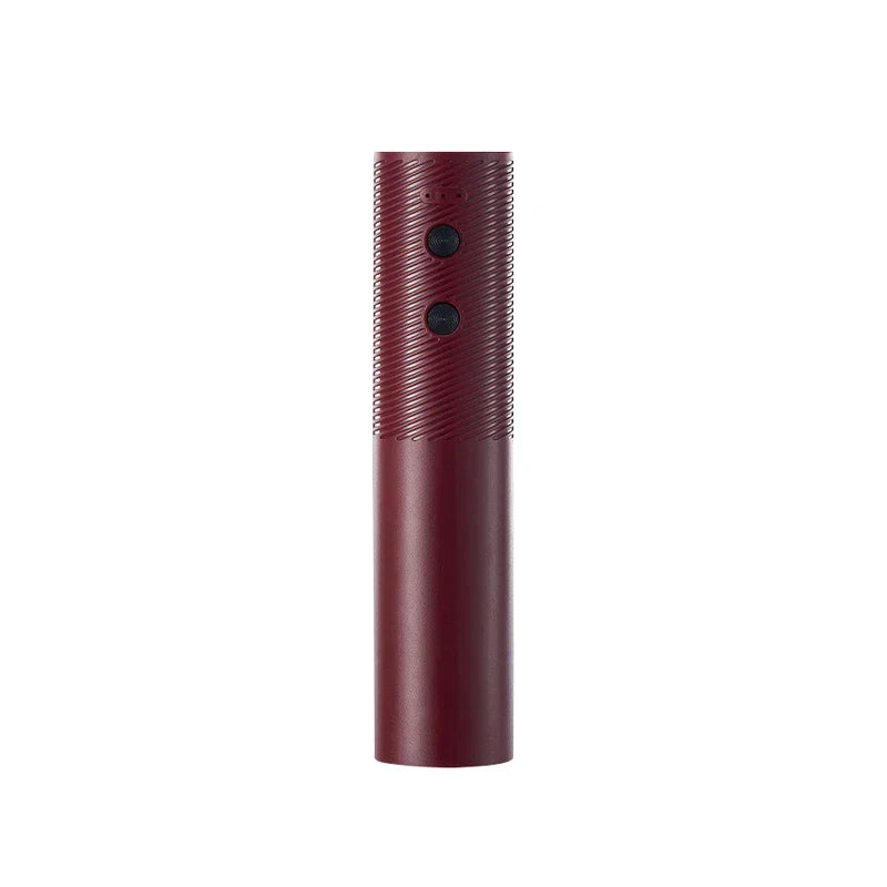 Wine Bottle Opener - Burgundy cylindrical dual-function opener with textured grip and control buttons on white background