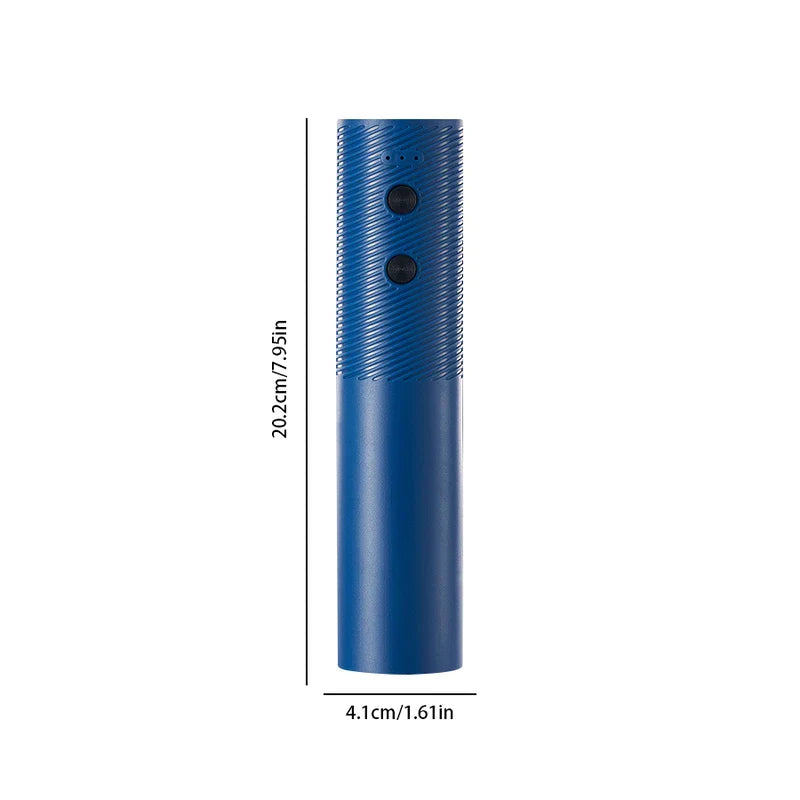 Wine Bottle Opener - Blue electric wine opener with height and width dimension labels on a white background.