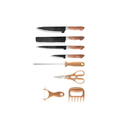 Hammered Knife Set - 8-piece kitchen tool set laid out flat on white background, including knives, shears, peeler, sharpening rod, and meat claw
