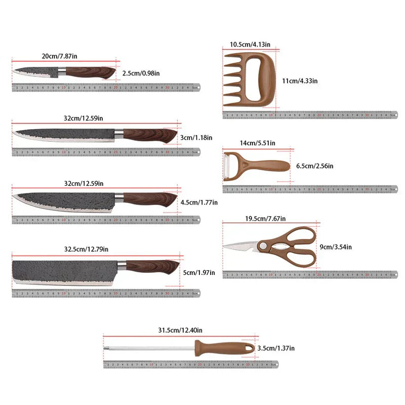 Hammered Knife Set - Kitchen tool set with size measurements, including four knives, meat claws, peeler, shears, sharpening rod