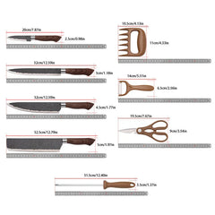 Hammered Knife Set - Kitchen tool set with size measurements, including four knives, meat claws, peeler, shears, sharpening rod