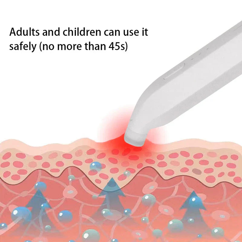 Bug Bite Itch Relief Stick - Illustration of a handheld device pressing on skin with red light, text says adults and children can use it safely (no more than 45s)