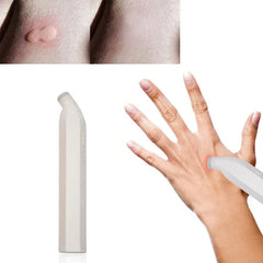 Bug Bite Itch Relief Stick - White handheld pen device beside a hand using the device on the skin, with two close-up skin patch images at the top